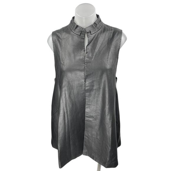 Odbo Women's Black Faux Vegan Leather Sleeveless High Neck Tunic Tank Top Size S - Picture 1 of 4